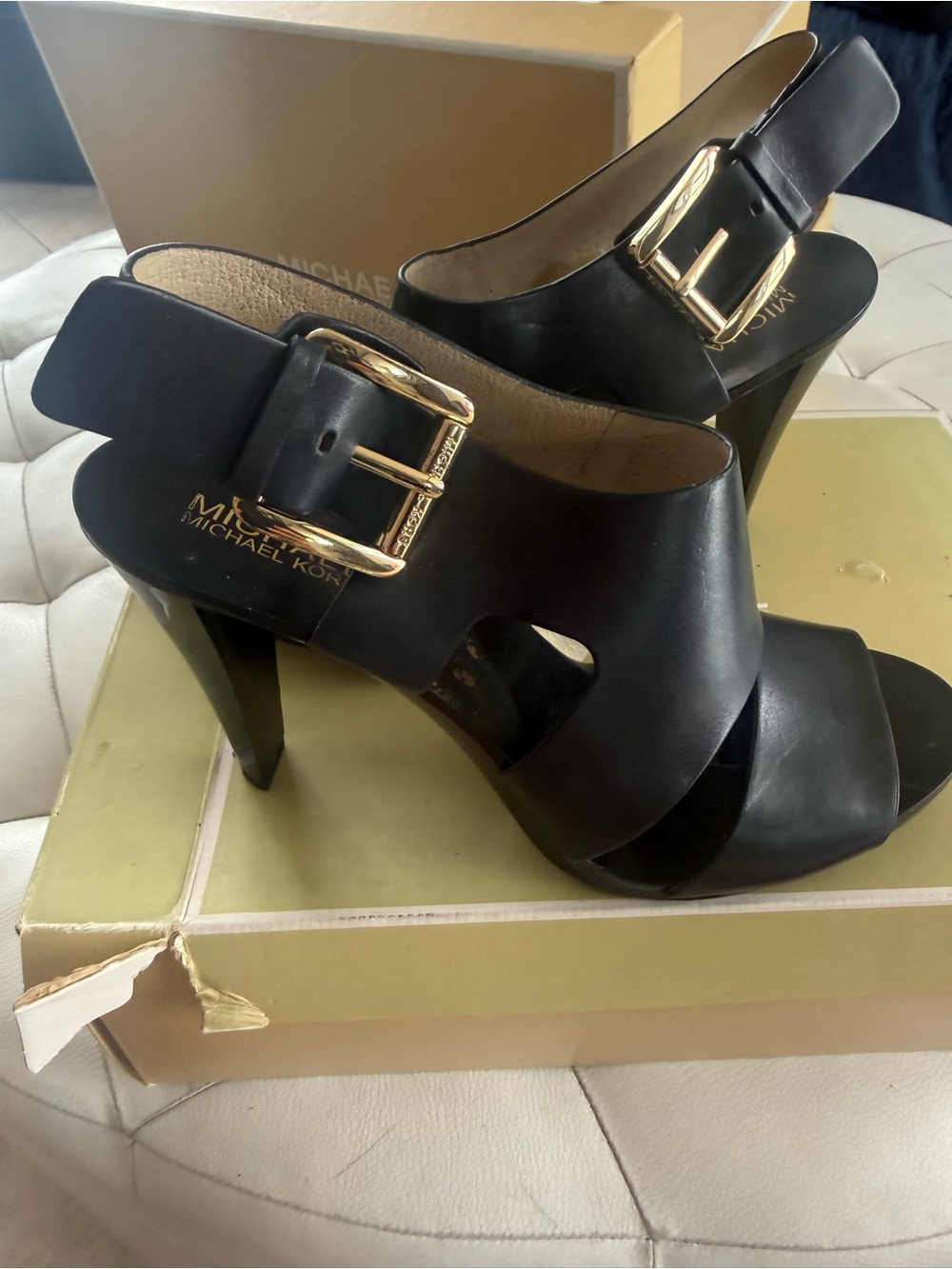 Michael Kors Black Leather High Heel Slingback Sandals with Gold Buckle Accent